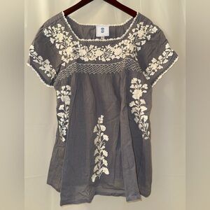 CJ Laing Embroidered Gray Blouse with Cream Floral Accents